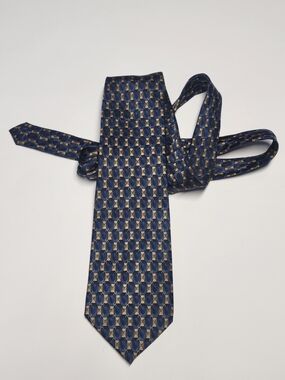 Classic Navy Tie with Gold Geometric Pattern
